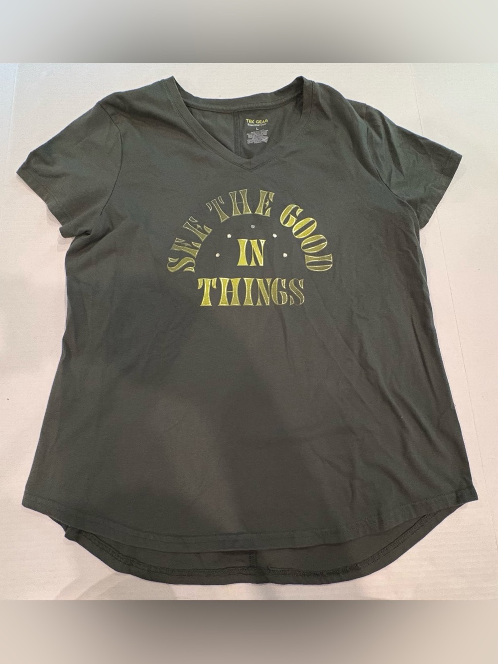 tek gear Olive Green V-Neck Tee with gold Graphic